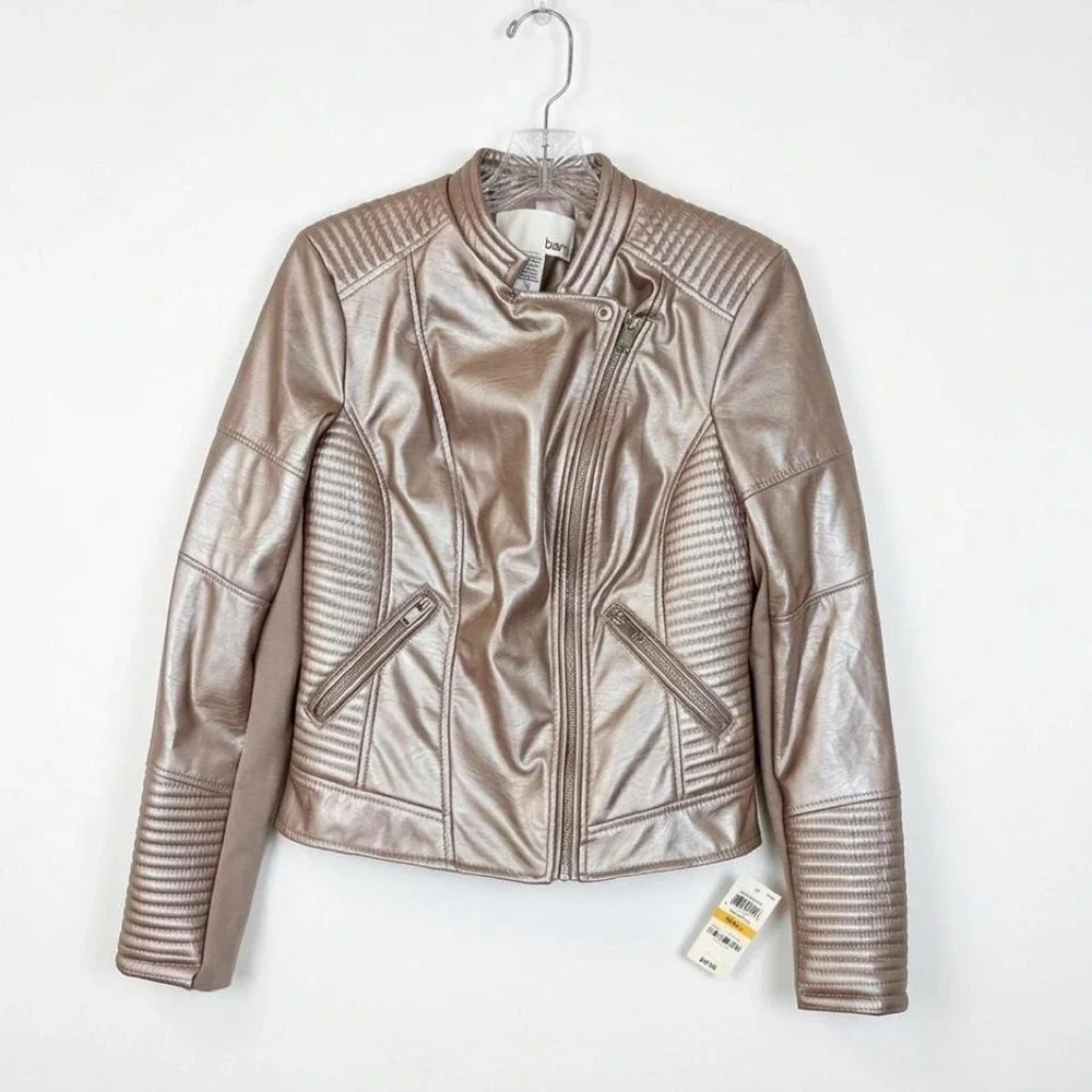 BAR III Metallic Rose Gold Faux Leather Biker Moto Jacket NWT Small